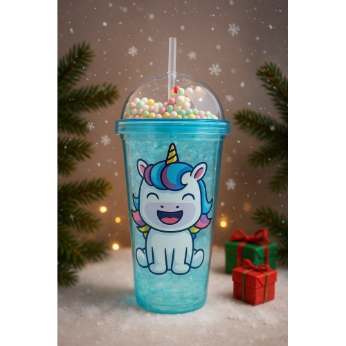 2'li Set RGB Led Unicorn Gece Lambası Yumuşak Silikon – Mavi Unicorn Tema 450 ml Çift Katman Suluk 