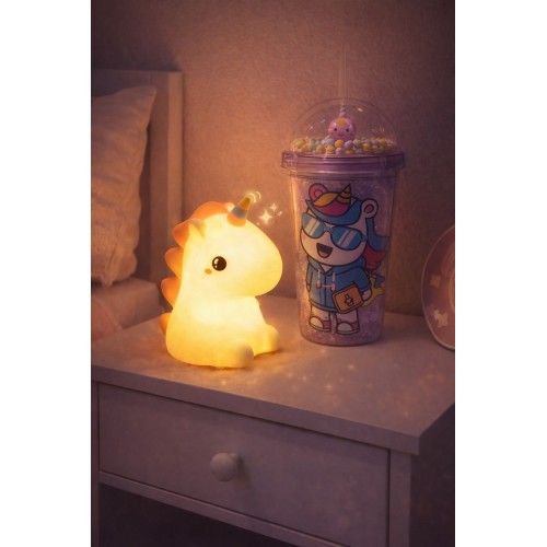 2'li Set RGB Led Unicorn Gece Lambası Yumuşak Silikon – Mor Unicorn Tema 450 ml Çift Katman Suluk 