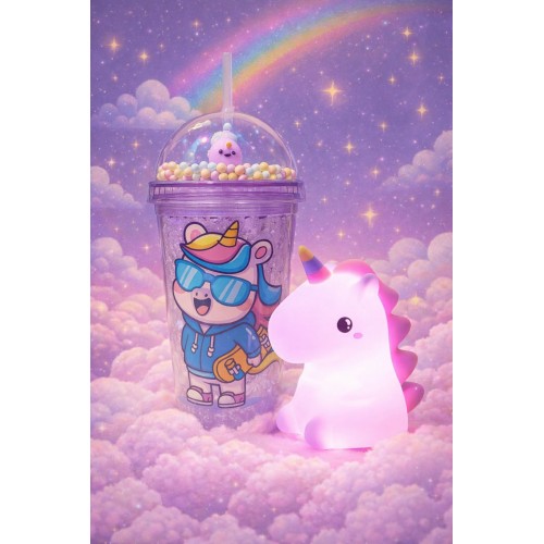 2'li Set RGB Led Unicorn Gece Lambası Yumuşak Silikon – Mor Unicorn Tema 450 ml Çift Katman Suluk 