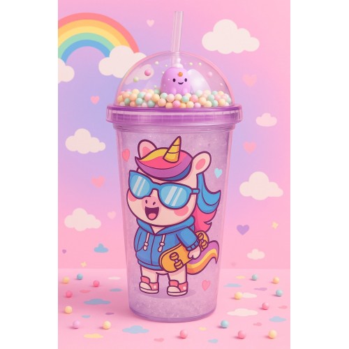 2'li Set RGB Led Unicorn Gece Lambası Yumuşak Silikon – Mor Unicorn Tema 450 ml Çift Katman Suluk 