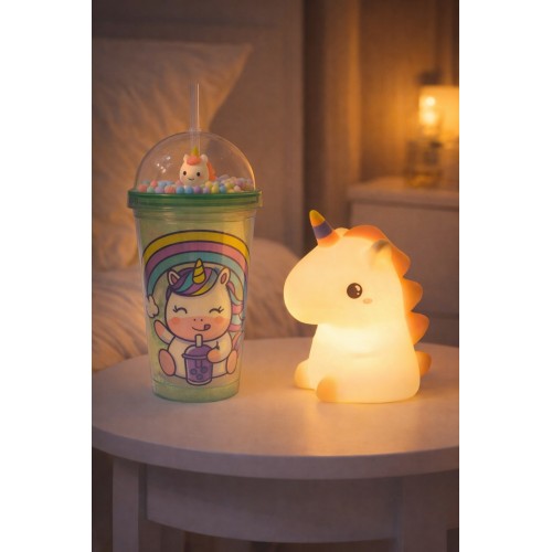 2'li Set RGB Led Unicorn Gece Lambası Yumuşak Silikon – Yeşil Unicorn Tema 450 ml Çift Katman Suluk 