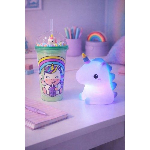 2'li Set RGB Led Unicorn Gece Lambası Yumuşak Silikon – Yeşil Unicorn Tema 450 ml Çift Katman Suluk 