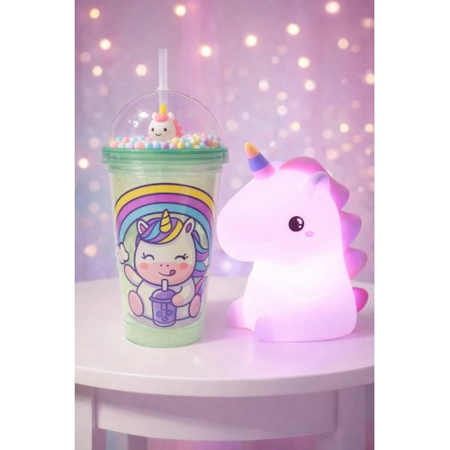 2'li Set RGB Led Unicorn Gece Lambası Yumuşak Silikon – Yeşil Unicorn Tema 450 ml Çift Katman Suluk 