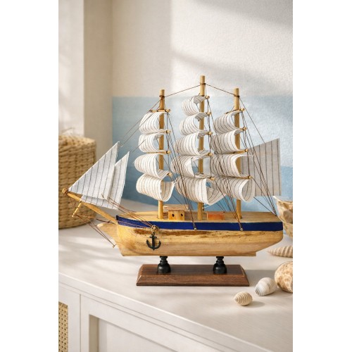 Büyük Boy El Yapımı Ahşap Yelkenli Gemi Maketi 24 x 24 CM – Dekoratif Lüx Hediyelik 529 EB 