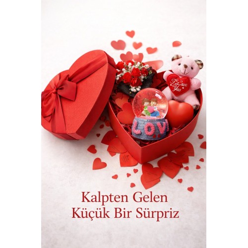Sevgililer Gününe Özel Kalp Kutuda Ayıcıklı Işıklı Kalpli - Kar Küresi ve Mini Buket Hediye Seti 01 