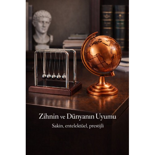 2'li Set Bronz Metal Dünya Küresi ve Küçük Denge Topu – Masaüstü Süs Ofis ve Ev Dekoru Hediyesi