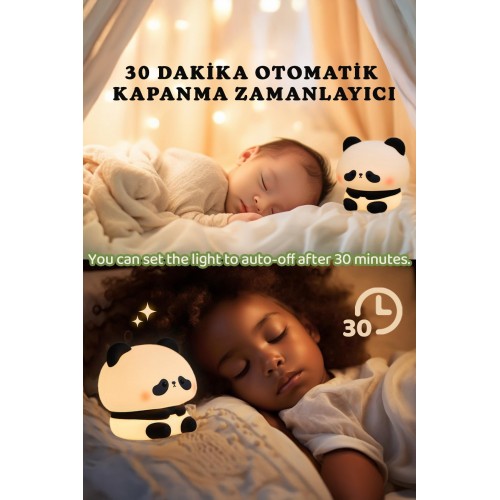 RGB Led Panda Gece Lambası Renk Değiştiren Yumuşak Silikon Şarj Edilebilir 30 dk Otomatik Kapanma 