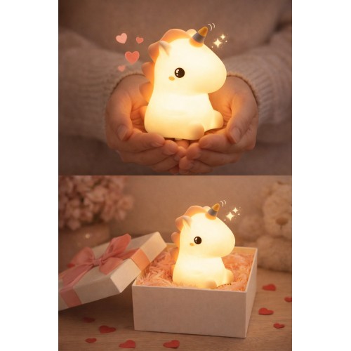 RGB Led Unicorn Gece Yatak Odası Lambası Renk Değiştiren Yumuşak Silikon Şarj Edilebilir 