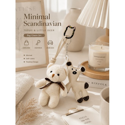 2 Li Set Peluş Ayıcık & Mini Geyik Çanta Charmı – Çanta Aksesuarı - Kedili Kanca