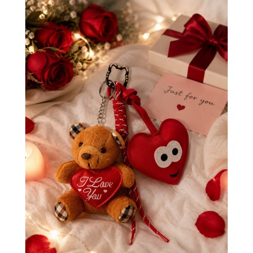 3 Lü Set Sevimli Ayıcık & Kalp Charm Anahtarlık Seti – Çanta Aksesuarı - Kedili Kanca