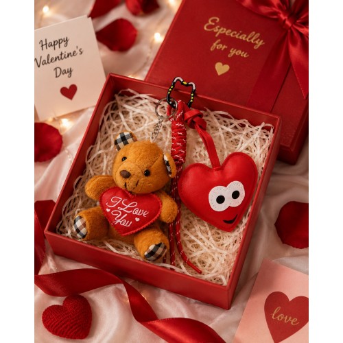 3 Lü Set Sevimli Ayıcık & Kalp Charm Anahtarlık Seti – Çanta Aksesuarı - Kedili Kanca