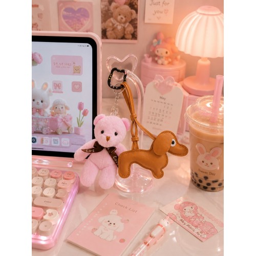 2 li Set Peluş Ayıcık & Köpek Charm Anahtarlık Seti – Kawaii Çanta Aksesuarı - Kedili Kanca 