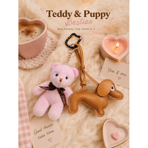 2 li Set Peluş Ayıcık & Köpek Charm Anahtarlık Seti – Kawaii Çanta Aksesuarı - Kedili Kanca 