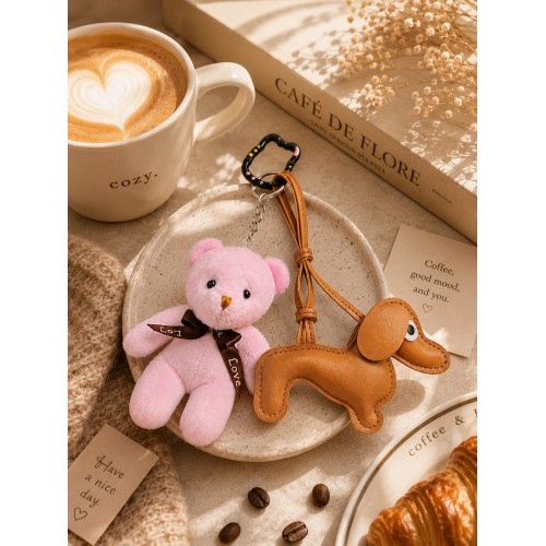 2 li Set Peluş Ayıcık & Köpek Charm Anahtarlık Seti – Kawaii Çanta Aksesuarı - Kedili Kanca 