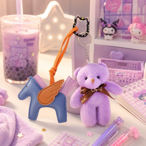 Sevimli Peluş Ayıcık & Kanatlı At Charm Anahtarlık Seti