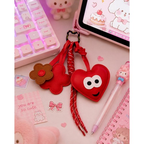 Sevimli Kalp & Çiçek Charm  Çanta Aksesuarı – Kawaii Kore Tarzı Deri Kırmızı Bag Charm