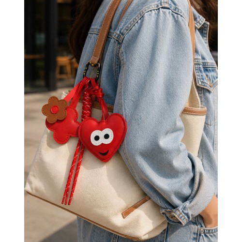 Sevimli Kalp & Çiçek Charm  Çanta Aksesuarı – Kawaii Kore Tarzı Deri Kırmızı Bag Charm