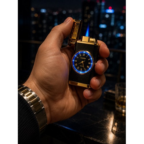 Saatli Gazlı Jet Çakmak Gold / Füme – LED Işıklı Turbo Alevli - Dolu Gönderim - Premium Hediye