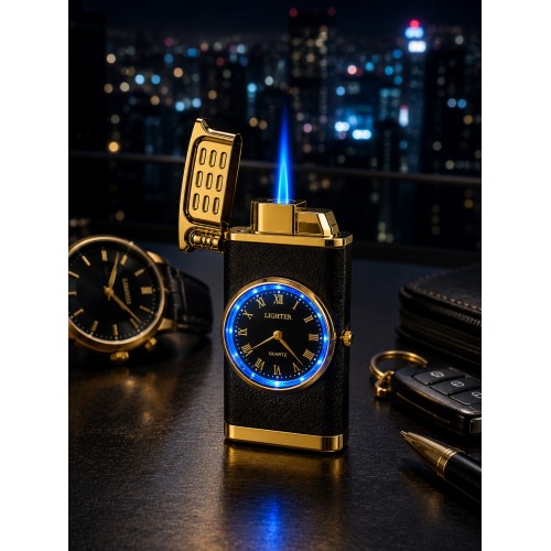 Saatli Gazlı Jet Çakmak Gold / Füme – LED Işıklı Turbo Alevli - Dolu Gönderim - Premium Hediye