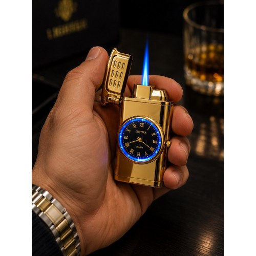 Saatli Gazlı Çakmak Gold – LED Işıklı Turbo Alevli - Dolu Gönderim - Premium Hediye - Altın Rengi