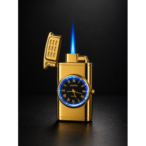 Saatli Gazlı Çakmak Gold – LED Işıklı Turbo Alevli - Dolu Gönderim - Premium Hediye - Altın Rengi