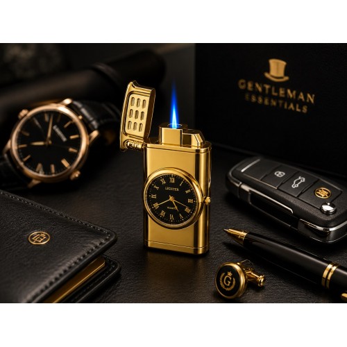 Saatli Gazlı Çakmak Gold – LED Işıklı Turbo Alevli - Dolu Gönderim - Premium Hediye - Altın Rengi