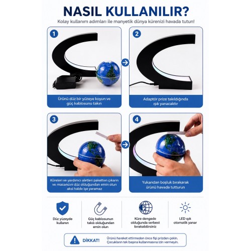 Manyetik Dönen Dünya Küre Sihirli Havada Duran  LED Işıklı Dekoratif Globe Masaüstü Küre