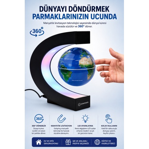 Manyetik Dönen Dünya Küre Sihirli Havada Duran  LED Işıklı Dekoratif Globe Masaüstü Küre