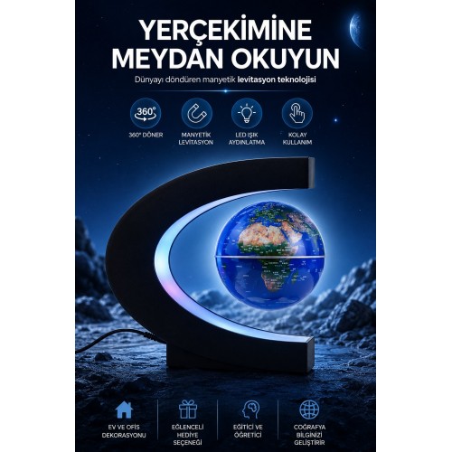 Manyetik Dönen Dünya Küre Sihirli Havada Duran  LED Işıklı Dekoratif Globe Masaüstü Küre