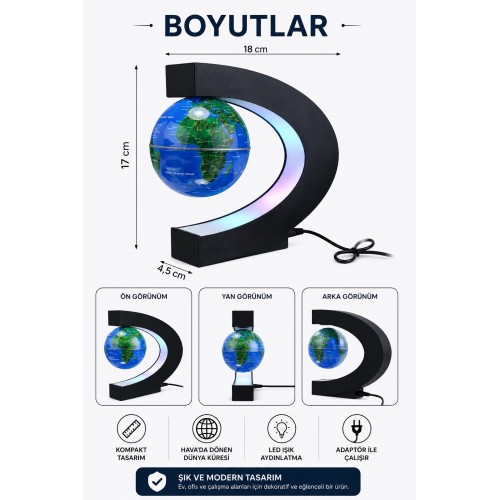 Manyetik Dönen Dünya Küre Sihirli Havada Duran  LED Işıklı Dekoratif Globe Masaüstü Küre