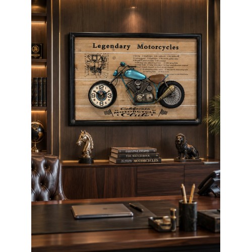 3D Dekoratif Metal Motosiklet Duvar Saati Tablo 60x40 cm | Vintage Motorcycle Tablo | Lüx Hediyelik