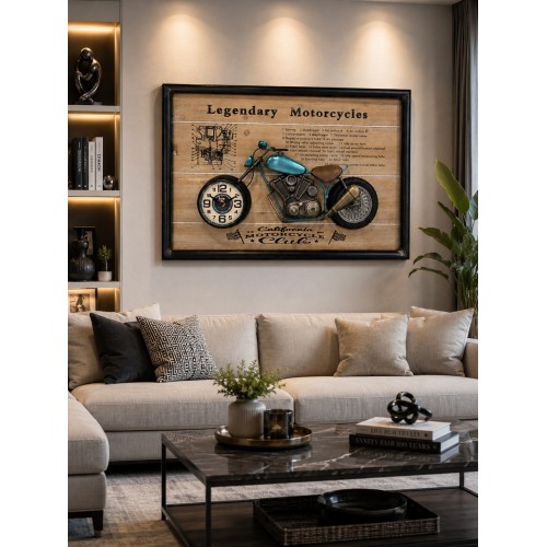3D Dekoratif Metal Motosiklet Duvar Saati Tablo 60x40 cm | Vintage Motorcycle Tablo | Lüx Hediyelik