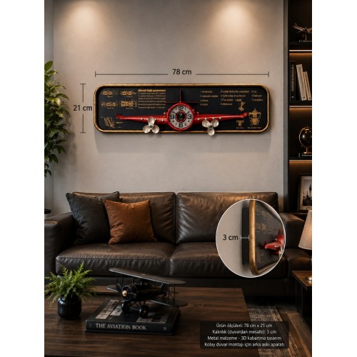 3D Metal Uçak Duvar Saati 78x21 cm Havacılık Temalı Dekoratif Duvar Tablosu Lüx Ev Ofis Hediyelik 