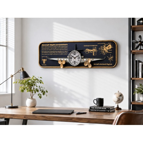 3D Metal Uçak Duvar Saati 78x21 cm Havacılık Temalı Dekoratif Duvar Tablosu Lüx Hediyelik Gri 
