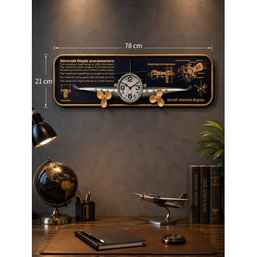 3D Metal Uçak Duvar Saati 78x21 cm Havacılık Temalı Dekoratif Duvar Tablosu Lüx Hediyelik Gri 