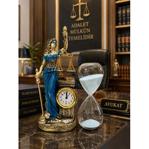 Adalet Tanrıçası Heykel - Kum Saati Seti Dekoratif Masa Saati Hukuk Bürosu Ofis Dekoru Hediyesi Mavi