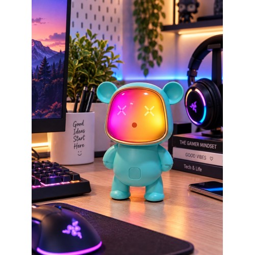 Ayıcık Bluetooth Hoparlör RGB Animasyon Işıklı Yüksek Ses Çıkışlı USB ve Kart Mini Speaker Mavi