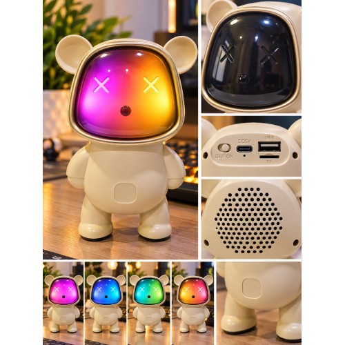 Ayıcık Bluetooth Hoparlör RGB Animasyon Işıklı Yüksek Ses Çıkışlı USB ve Kart Mini Speaker Krem