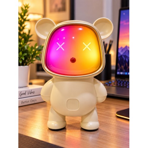 Ayıcık Bluetooth Hoparlör RGB Animasyon Işıklı Yüksek Ses Çıkışlı USB ve Kart Mini Speaker Krem