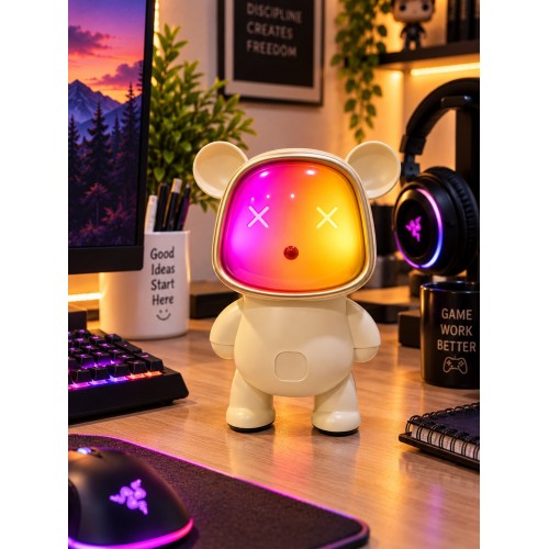 Ayıcık Bluetooth Hoparlör RGB Animasyon Işıklı Yüksek Ses Çıkışlı USB ve Kart Mini Speaker Krem