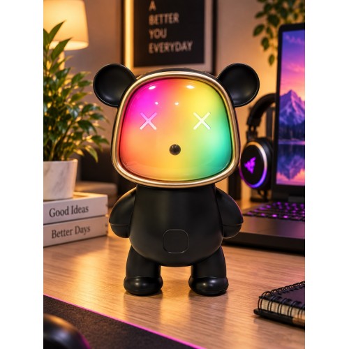 Ayıcık Bluetooth Hoparlör RGB Animasyon Işıklı Yüksek Ses Çıkışlı USB ve Kart Mini Speaker Siyah