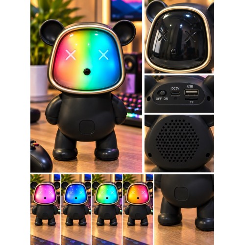 Ayıcık Bluetooth Hoparlör RGB Animasyon Işıklı Yüksek Ses Çıkışlı USB ve Kart Mini Speaker Siyah