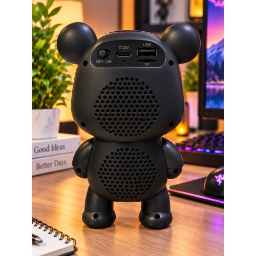 Ayıcık Bluetooth Hoparlör RGB Animasyon Işıklı Yüksek Ses Çıkışlı USB ve Kart Mini Speaker Siyah