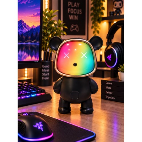 Ayıcık Bluetooth Hoparlör RGB Animasyon Işıklı Yüksek Ses Çıkışlı USB ve Kart Mini Speaker Siyah