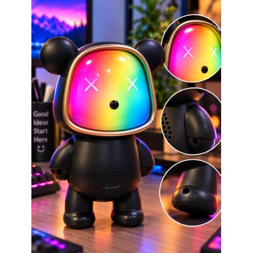 Ayıcık Bluetooth Hoparlör RGB Animasyon Işıklı Yüksek Ses Çıkışlı USB ve Kart Mini Speaker Siyah