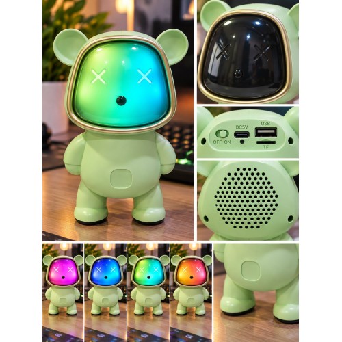 Ayıcık Bluetooth Hoparlör RGB Animasyon Işıklı Yüksek Ses Çıkışlı USB ve Kart Mini Speaker Yeşil