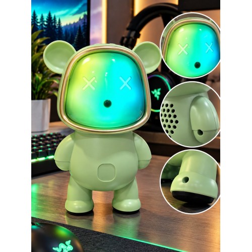 Ayıcık Bluetooth Hoparlör RGB Animasyon Işıklı Yüksek Ses Çıkışlı USB ve Kart Mini Speaker Yeşil