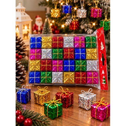 24 Adet 3 cm Yılbaşı Ağacı Süsü Mini Hediye Paketi Süsleri Renkli Noel Ağacı Dekoru