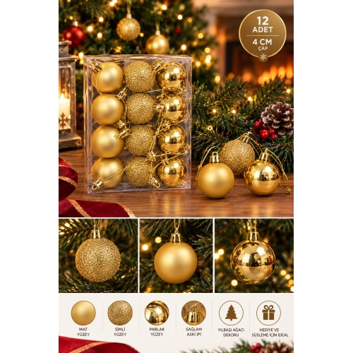 12'li Set 4 CM Gold Yılbaşı Ağacı Süsü – Mat, Simli ve Parlak Karışık Çam Ağacı Topu Noel Süsü