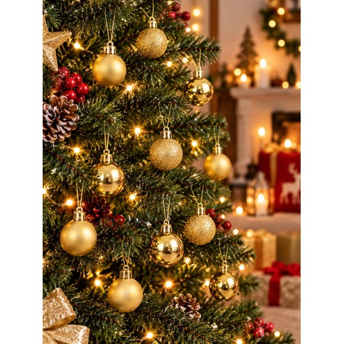 12'li Set 4 CM Gold Yılbaşı Ağacı Süsü – Mat, Simli ve Parlak Karışık Çam Ağacı Topu Noel Süsü